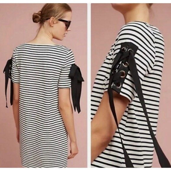 Anthropologie Maeve Ribbons and Stripes Mini Shirt Dress Black White Size Medium - Picture 2 of 13
